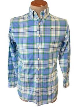 Vineyard Vines Boys Bahama Breeze Blue Multi Sandspar Plaid Flannel Whale Shirt